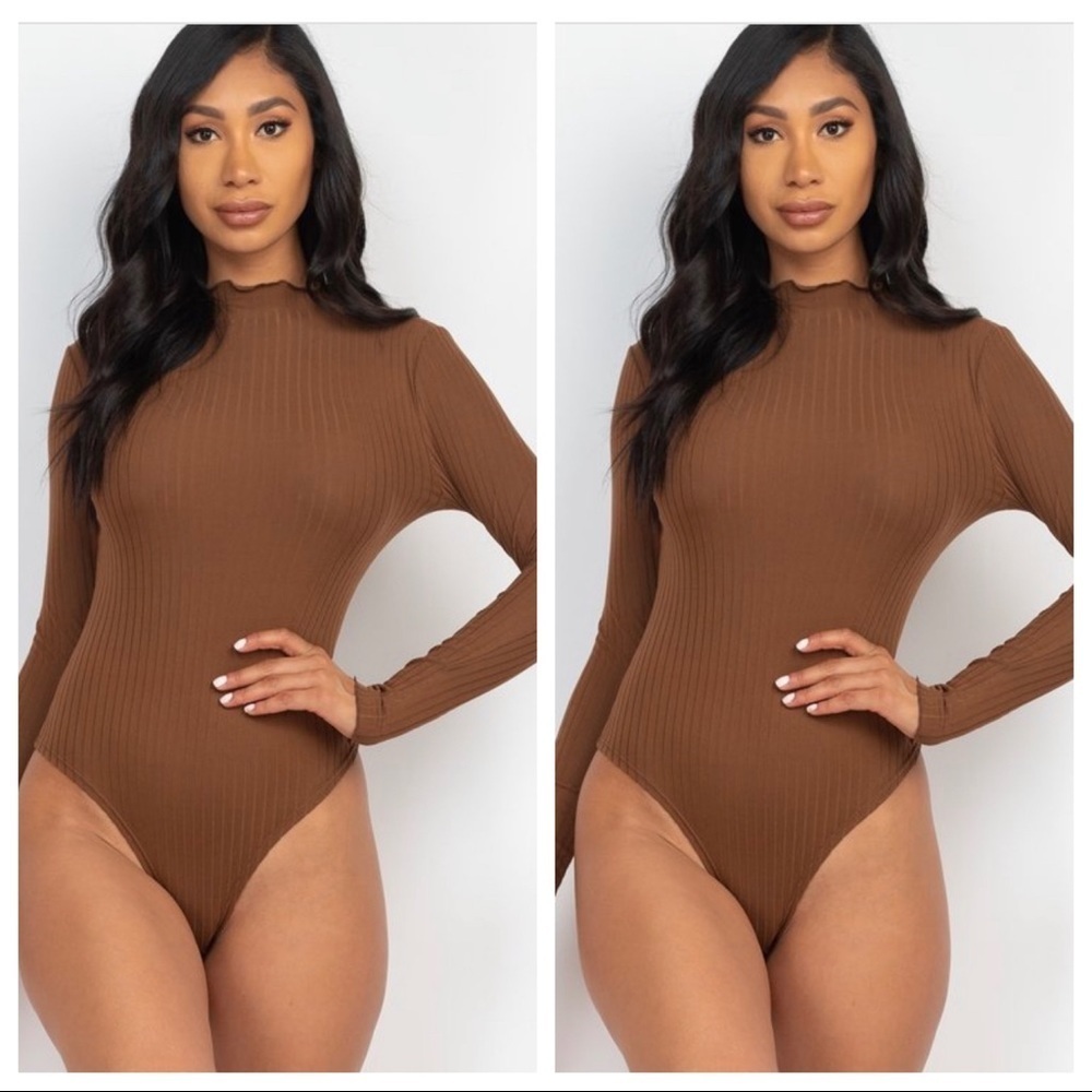 NEW FALL TRENDY DARK BROWN LONG SLEEVE RIBBED MOCK NECK THONG BODYSUIT